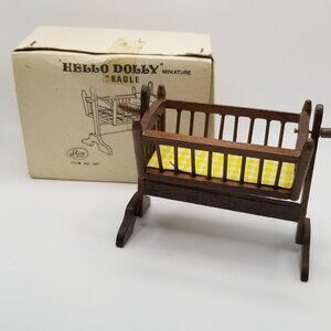 Vintage Dollhouse Miniature Cradle Baby Bed Nursery Hello Dolly NOS Dark Wood